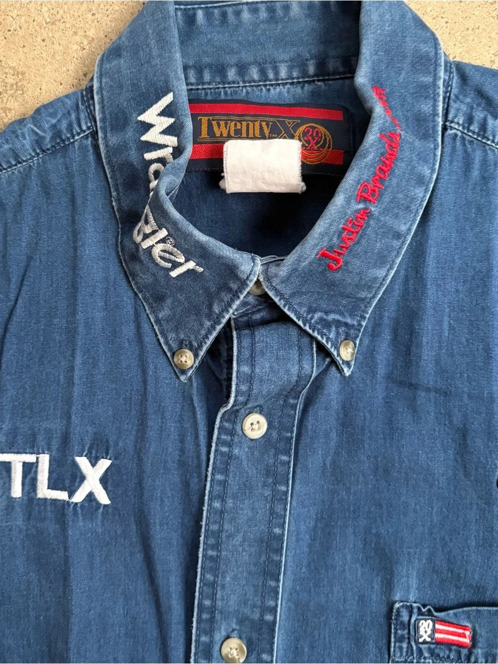Vintage Twenty-X Wrangler Indigo Denim Rodeo Shirt Men's Large Embroidered Logos
